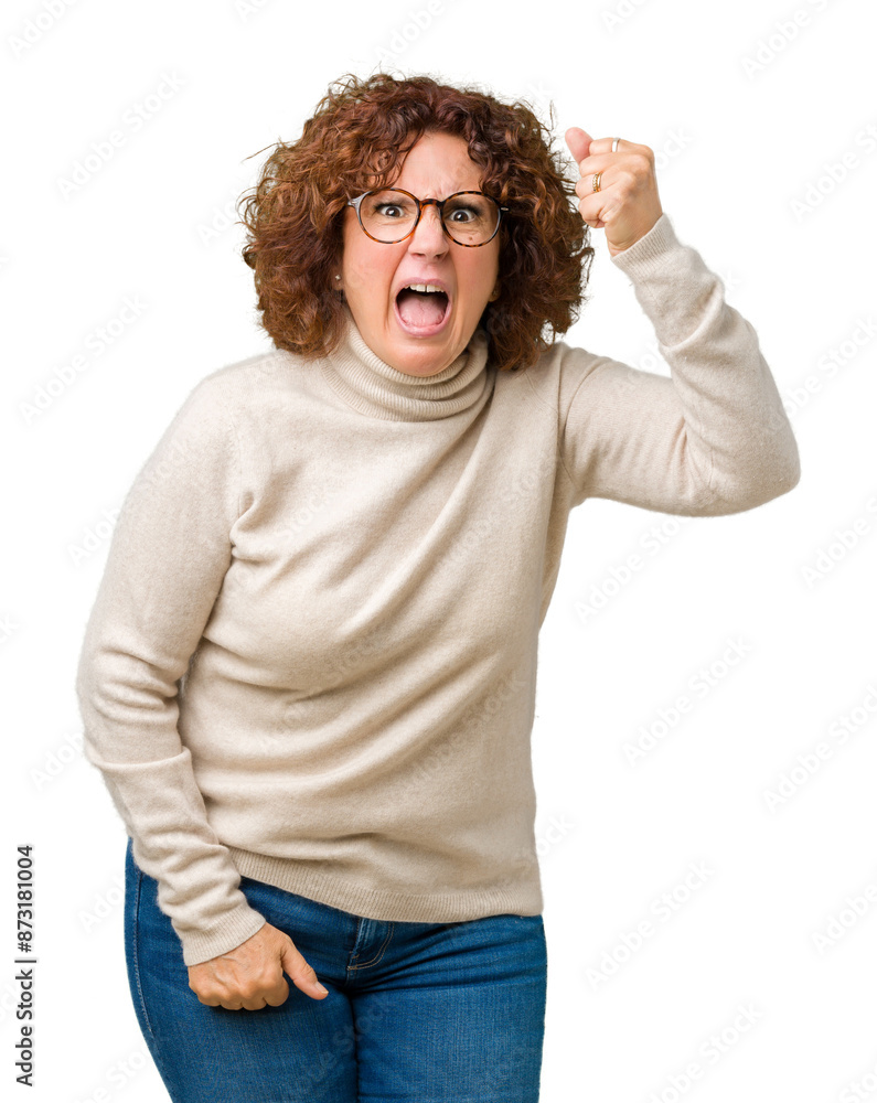 Beautiful middle ager senior woman wearing turtleneck sweater and glasses over isolated background angry and mad raising fist frustrated and furious while shouting with anger. Rage and aggressive. Beautiful middle ager senior woman wearing turtleneck sweater and glasses over isolated background angry and mad raising fist frustrated and furious while shouting with anger. Rage and aggressive.