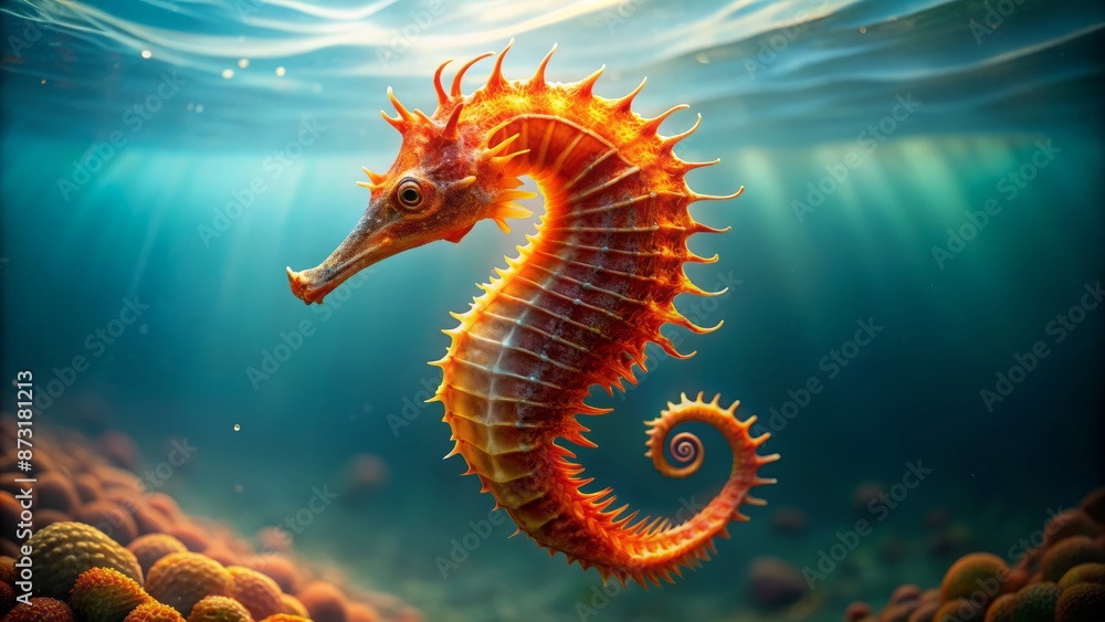 Vibrant orange seahorse with intricate details and delicate fins swimming alone on a transparent isolated background with subtle ocean texture. Vibrant orange seahorse with intricate details and delicate fins swimming alone on a transparent isolated background with subtle ocean texture.