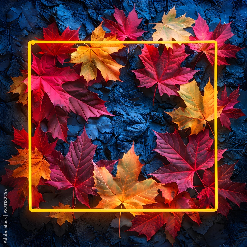 Vibrant autumn leaves framed with a neon border on a dark background, showcasing the beautiful fall colors in an artistic arrangement. Vibrant autumn leaves framed with a neon border on a dark background, showcasing the beautiful fall colors in an artistic arrangement.