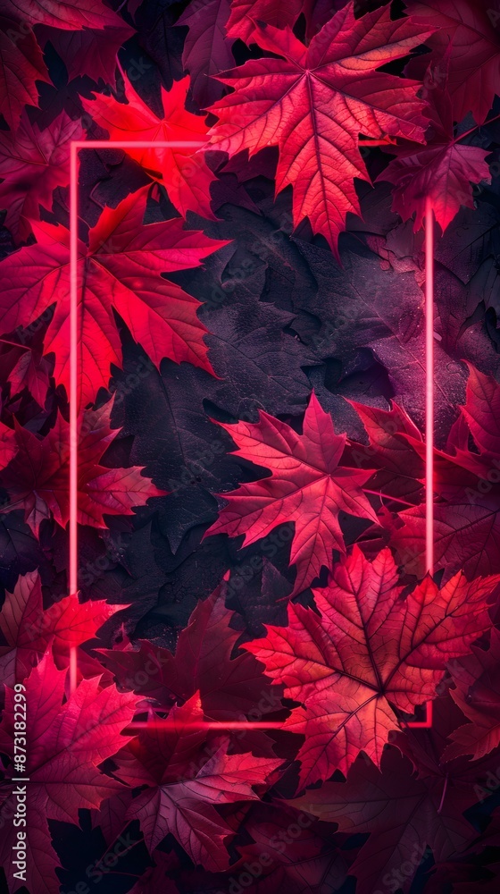 Vibrant autumn leaves in shades of red and purple, framed with a neon border, creating a striking and colorful nature background. Vibrant autumn leaves in shades of red and purple, framed with a neon border, creating a striking and colorful nature background.