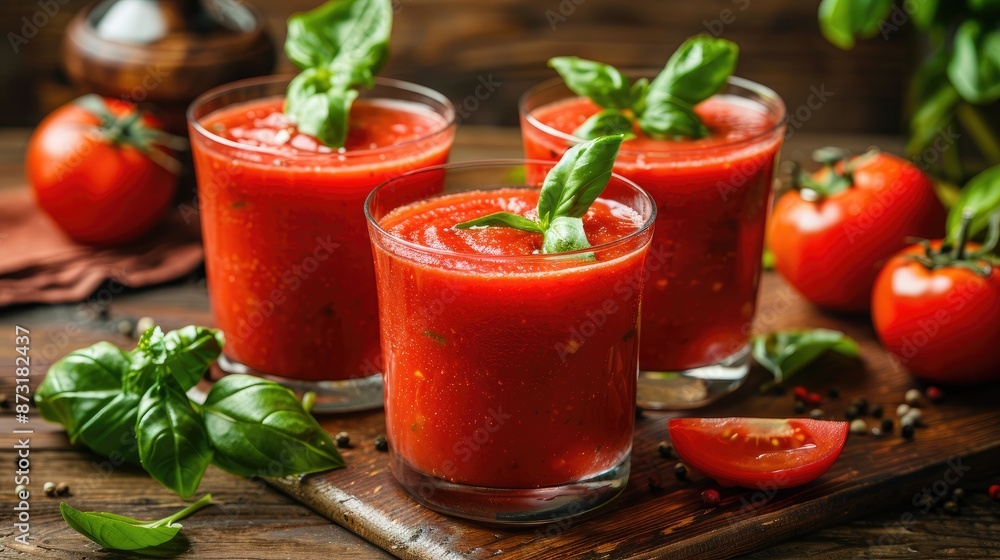 Three glasses of red tomato juice with basil leaves on the table. There are also some tomatoes on the table Three glasses of red tomato juice with basil leaves on the table. There are also some tomatoes on the table