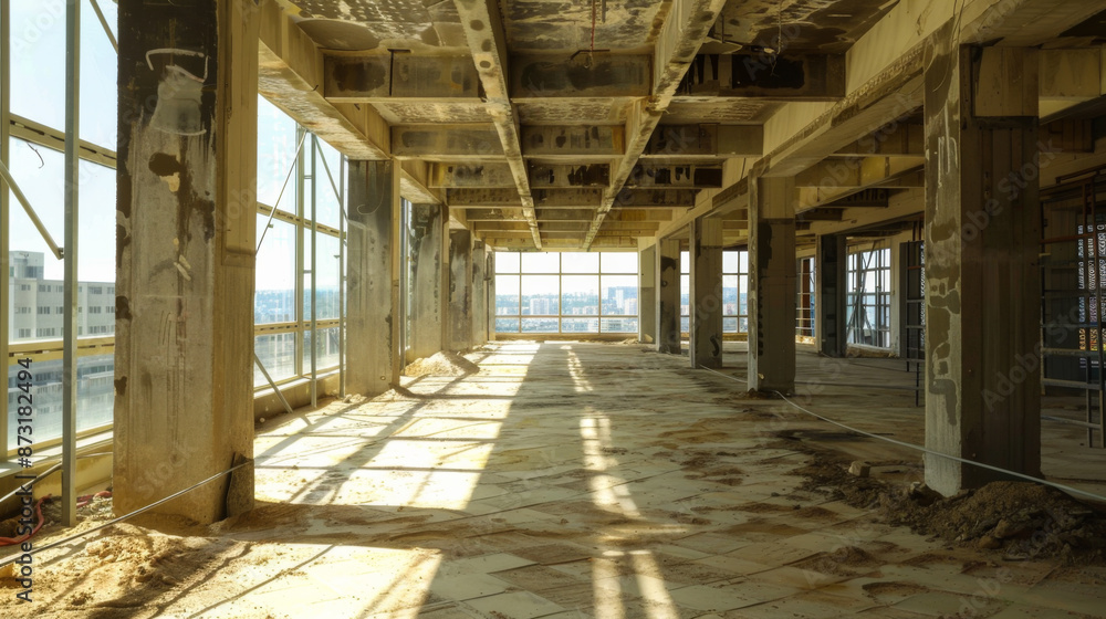 A large empty building with many windows and a lot of space. The building is in disrepair and is being demolished. Construction concept. A large empty building with many windows and a lot of space. The building is in disrepair and is being demolished. Construction concept.