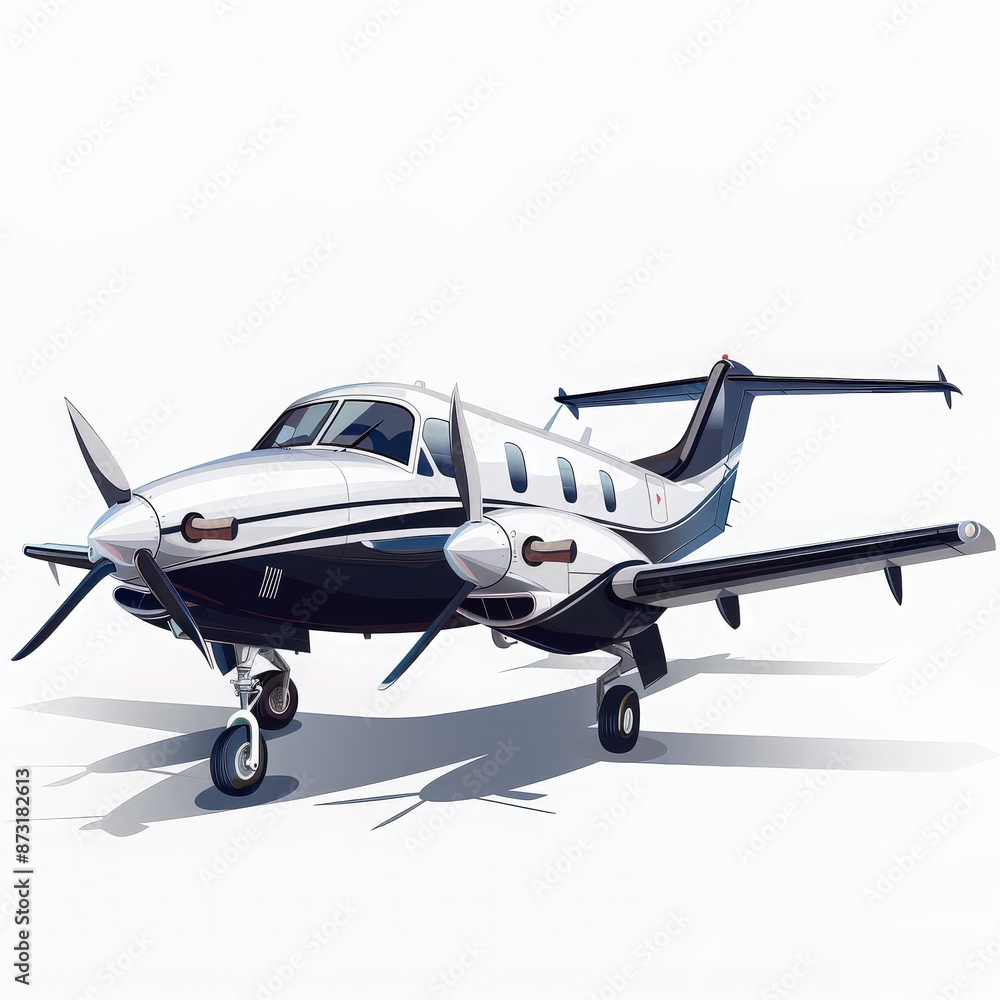 Sleek twin-propeller airplane ready for takeoff on a white background, showcasing modern design and aerodynamic efficiency. Sleek twin-propeller airplane ready for takeoff on a white background, showcasing modern design and aerodynamic efficiency.