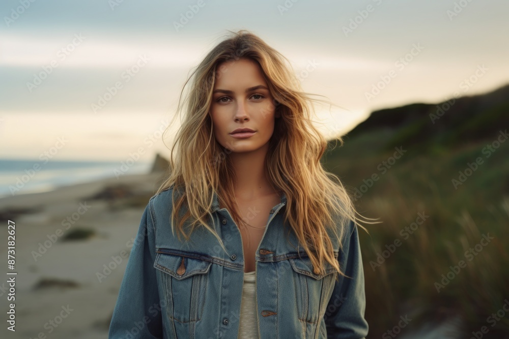 Portrait of a tender woman in her 30s sporting a rugged denim jacket on serene dune landscape background Portrait of a tender woman in her 30s sporting a rugged denim jacket on serene dune landscape background