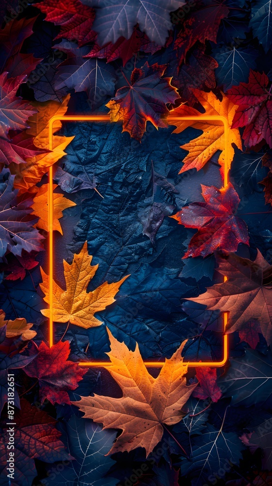 Vibrant autumn leaves with a glowing rectangular frame, perfect for seasonal design and background use. Vibrant autumn leaves with a glowing rectangular frame, perfect for seasonal design and background use.