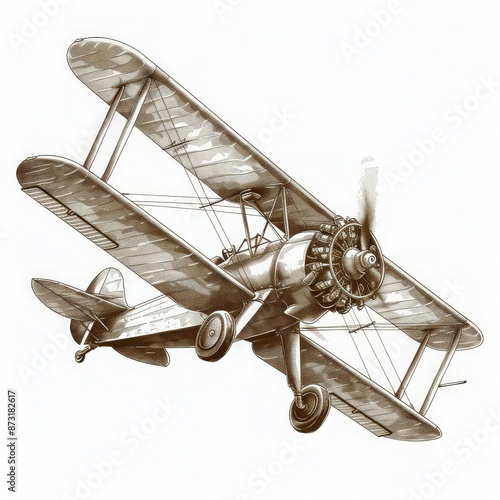 Vintage airplane sketch depicting a classic biplane with detailed propeller and wing structure in sepia tones. photo