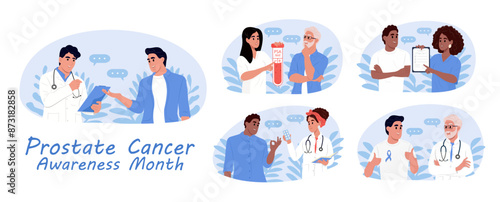 Prostate Cancer awareness month. Prostate symptoms, diagnosis and treatment. A doctor is talking to a patient.