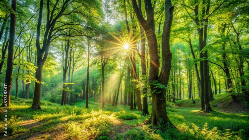 Obraz premium Serene forest landscape with sun-dappled trees and lush green foliage, evoking feelings of freedom and joy in a natural setting.