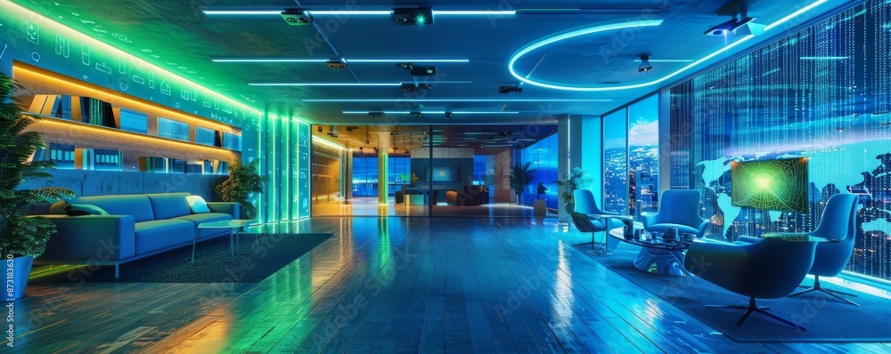 Modern futuristic office with vibrant blue and green lighting. Modern futuristic office with vibrant blue and green lighting.