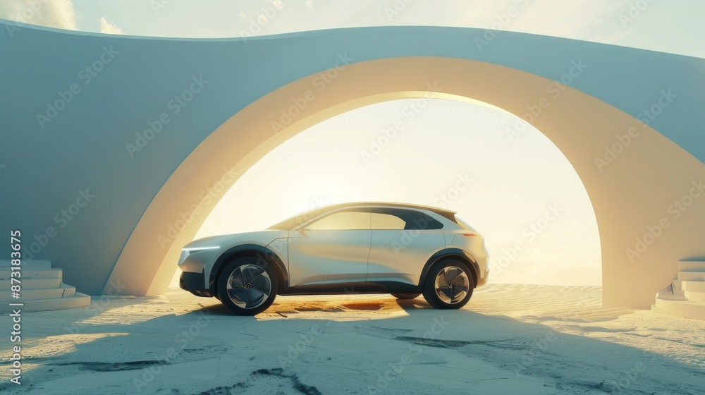 The new energy vehicle is displayed in the center of an abstract background with circular curves and light reflection on its body, highlighting product design aesthetics