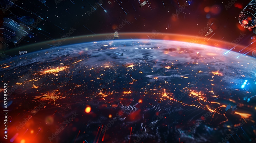 Earth illuminated by city lights, media icons like microphones and cameras floating nearby. Style Modern. Colors Red and Black. Earth illuminated by city lights, media icons like microphones and cameras floating nearby. Style Modern. Colors Red and Black.