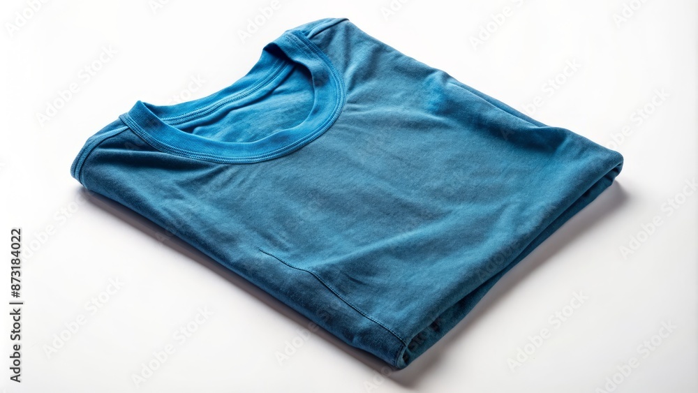 Folded and creased blue t shirt lies isolated on a plain white background with subtle shadows and natural folds. Folded and creased blue t shirt lies isolated on a plain white background with subtle shadows and natural folds.