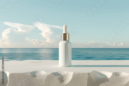 Minimalist beauty serum bottle on a white background with a serene ocean view. Perfect for skincare and beauty product promotions.