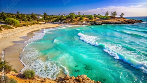 Turquoise waves gently lap against the golden sandy shoreline of Nissi beach, surrounded by lush greenery and towering white cliffs.