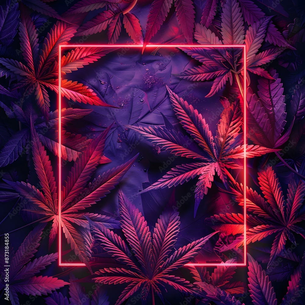 Vibrant neon cannabis leaves in a glowing frame showcasing colorful, artistic, and psychedelic plant foliage for creative designs. Vibrant neon cannabis leaves in a glowing frame showcasing colorful, artistic, and psychedelic plant foliage for creative designs.