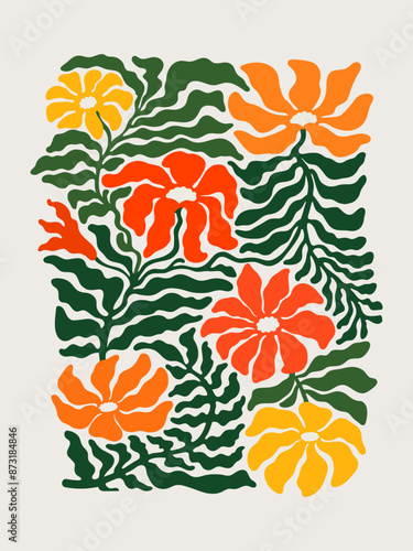 Floral Abstract contemporary poster. Groovy Modern style art in trendy bright...