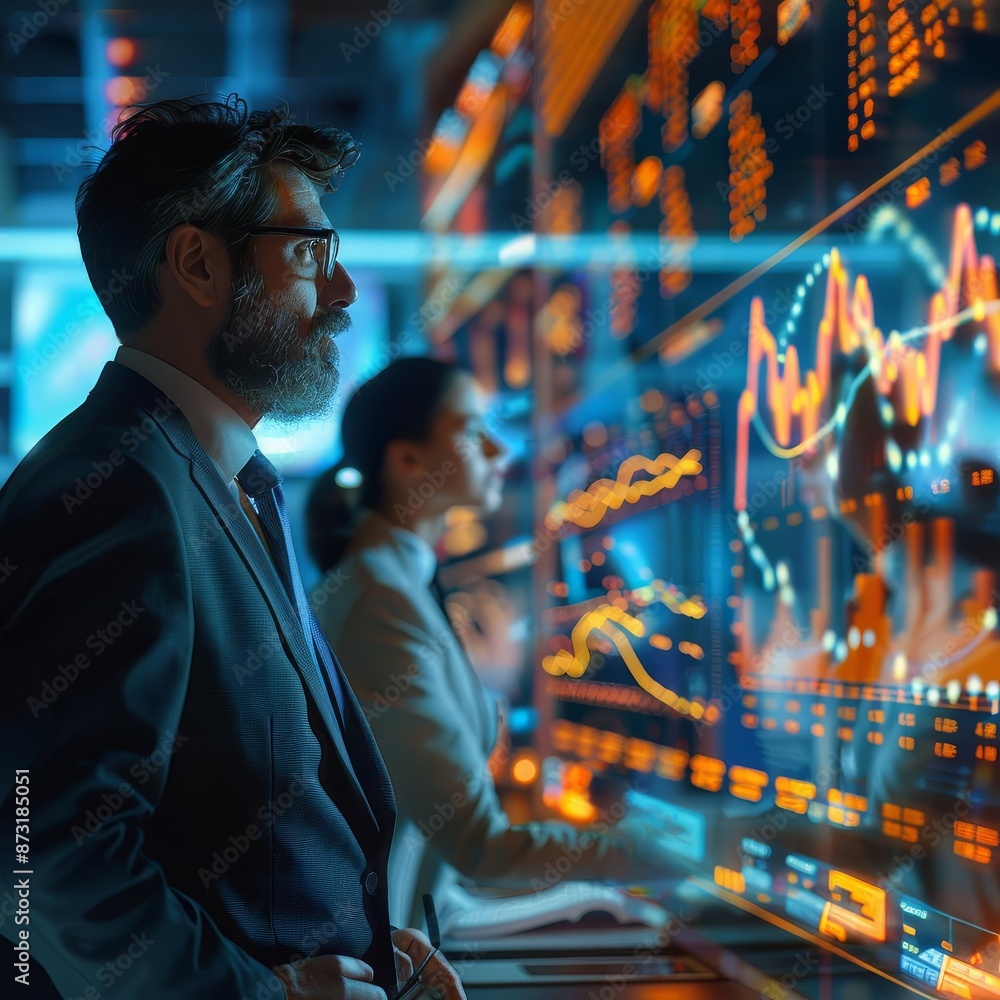 Two professionals in a modern control room, analyzing data on digital screens. The image depicts teamwork, technology, and data analysis. Two professionals in a modern control room, analyzing data on digital screens. The image depicts teamwork, technology, and data analysis.