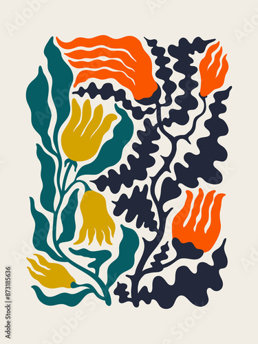 Floral Abstract contemporary poster. Groovy Modern style art in trendy bright...