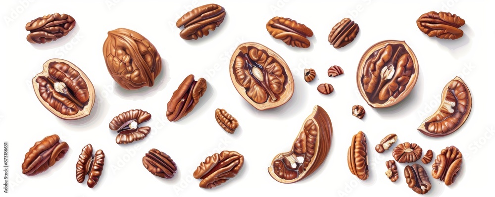 Pecan Nuts Scattered on White Background, Illustration Pecan Nuts Scattered on White Background, Illustration