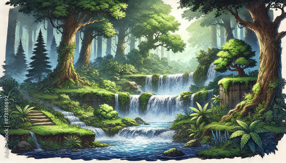 Fototapeta premium RPG Background of Forest with Waterfall