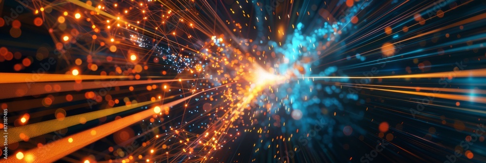 Abstract background with orange and blue glowing lights, sparks of energy in space, laser beams and light rays. Concept for digital technology or science research Abstract background with orange and blue glowing lights, sparks of energy in space, laser beams and light rays. Concept for digital technology or science research
