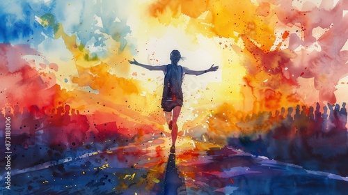 Wallpaper Mural Vibrant watercolor of triumphant runner at sunset, arms raised in victory, against a background of cheering crowd and vivid colors. Torontodigital.ca