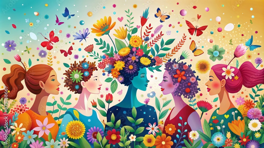 Vibrant, colorful illustration of diverse women's day card with flowers, butterflies, and confetti surrounding bold, empowering female silhouettes. Vibrant, colorful illustration of diverse women's day card with flowers, butterflies, and confetti surrounding bold, empowering female silhouettes.