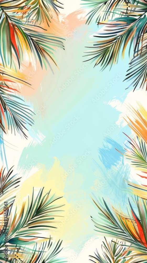 Obraz premium Colorful tropical palm leaves frame with abstract background perfect for invitations and summer designs concept