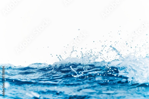 Blue water splash wave background, blue color, white isolated background, banner with copy space area. Spa or refreshing drink.