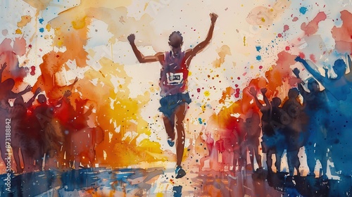 Vibrant watercolor painting of a marathon runner crossing the finish line, celebrating victory amidst colorful splashes.