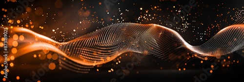 Abstract background with digital waves and glowing dots on a dark black backdrop, in the style of AI technology concept. Digital wave background with bokeh lights and an orange glow for a tech design