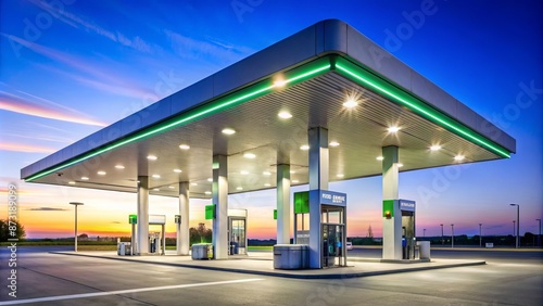 Modern fuel pumps and illuminated signage tower above a clean, empty forecourt under a bright blue morning sky.