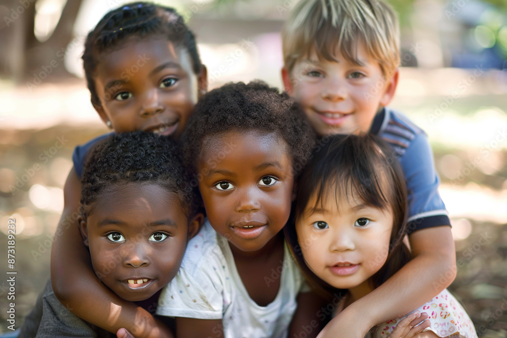 A group of children from different backgrounds huddle together, illustrating unity and friendship. A group of children from different backgrounds huddle together, illustrating unity and friendship.