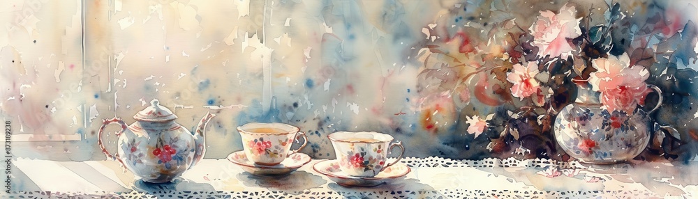 Fototapeta premium Beautiful watercolor painting of a tea set with floral designs, featuring delicate cups and teapots on a charming lace tablecloth.
