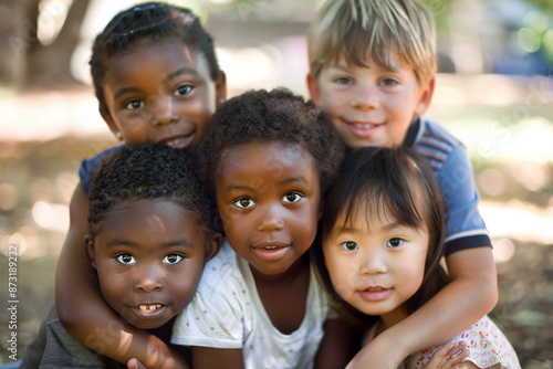 A group of children from different backgrounds huddle together, illustrating unity and friendship.
