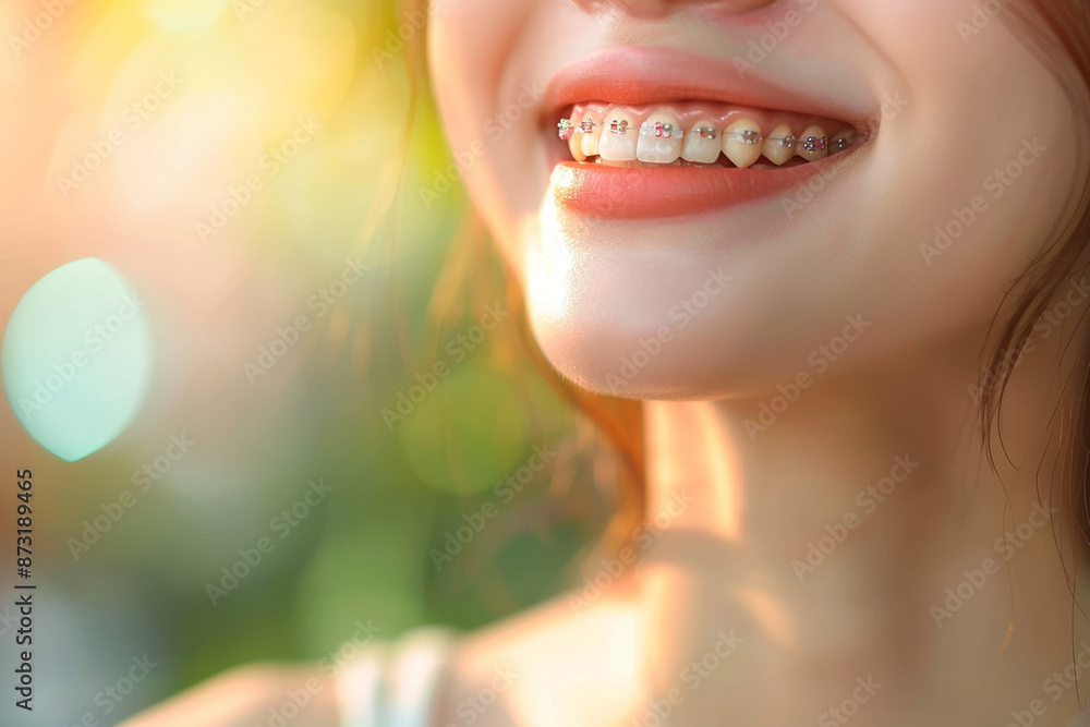 Fototapeta premium Close-up of a smiling girl with braces, showcasing dental health and orthodontic care.
