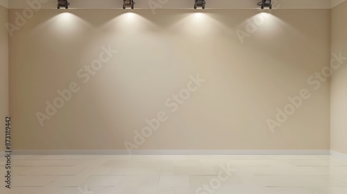 An empty room with a blank ivory wall and matte white floor, featuring adjustable LED spotlights on top, offering versatile lighting for a minimalist mockup. photo