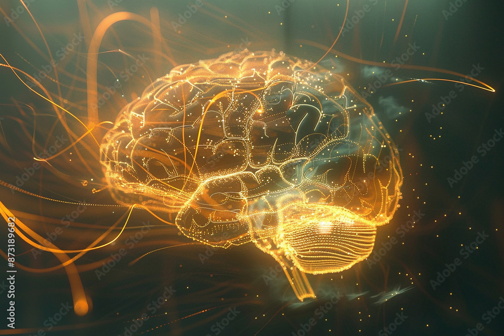 Digital illustration of a glowing golden brain with interconnected ...