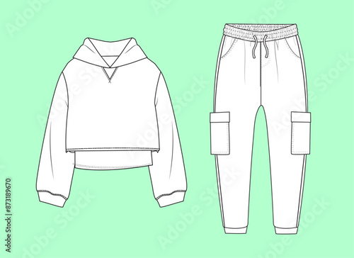 Teen girls crop hoodie and cuff jogger flat sketch vector. 