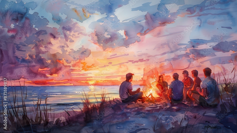 Group of friends enjoying a campfire on the beach at sunset, with vibrant watercolor skies creating a serene and beautiful scene. Group of friends enjoying a campfire on the beach at sunset, with vibrant watercolor skies creating a serene and beautiful scene.
