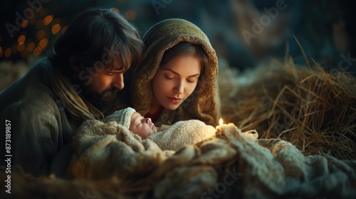 Nativity scene with Mary, Joseph, and baby Jesus in a peaceful setting with warm lighting. Christmas celebration, religious holiday, nativity story, family, spiritual concept. photo