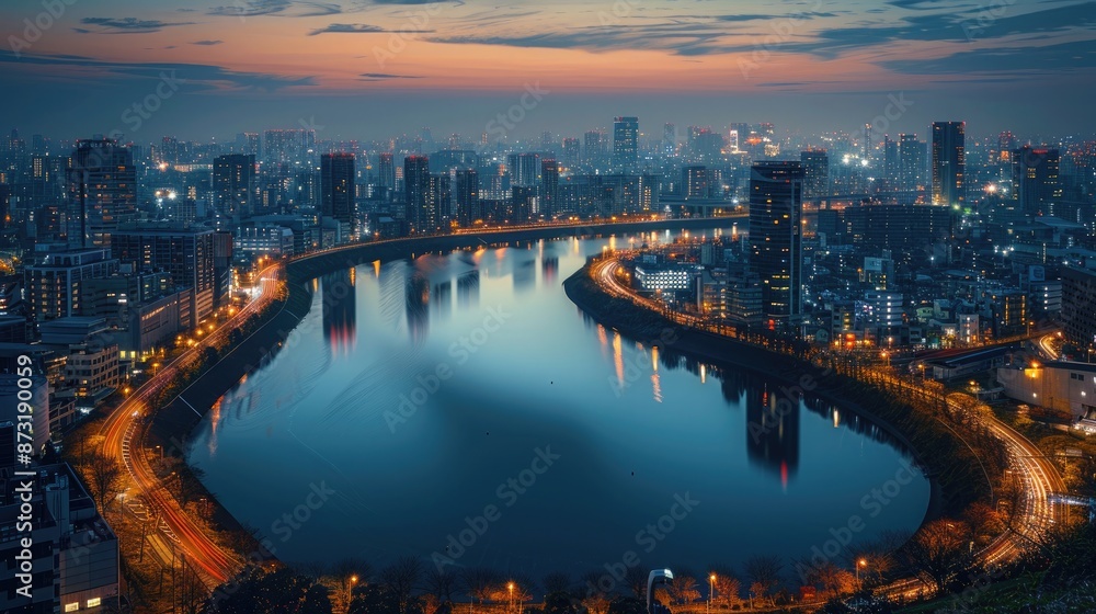 A cityscape at nightfall, with city lights reflected on the calm surface of a river winding through the urban center. A cityscape at nightfall, with city lights reflected on the calm surface of a river winding through the urban center.