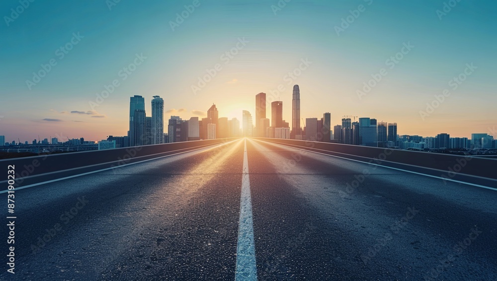 Fototapeta premium Long Asphalt Road Leading to the Horizon with City Skyline in the Background, Blue Sky and Golden Sunlight, Abstract Wide Highway Background, Perfect for Travel, Journey, and Business Trip Concepts