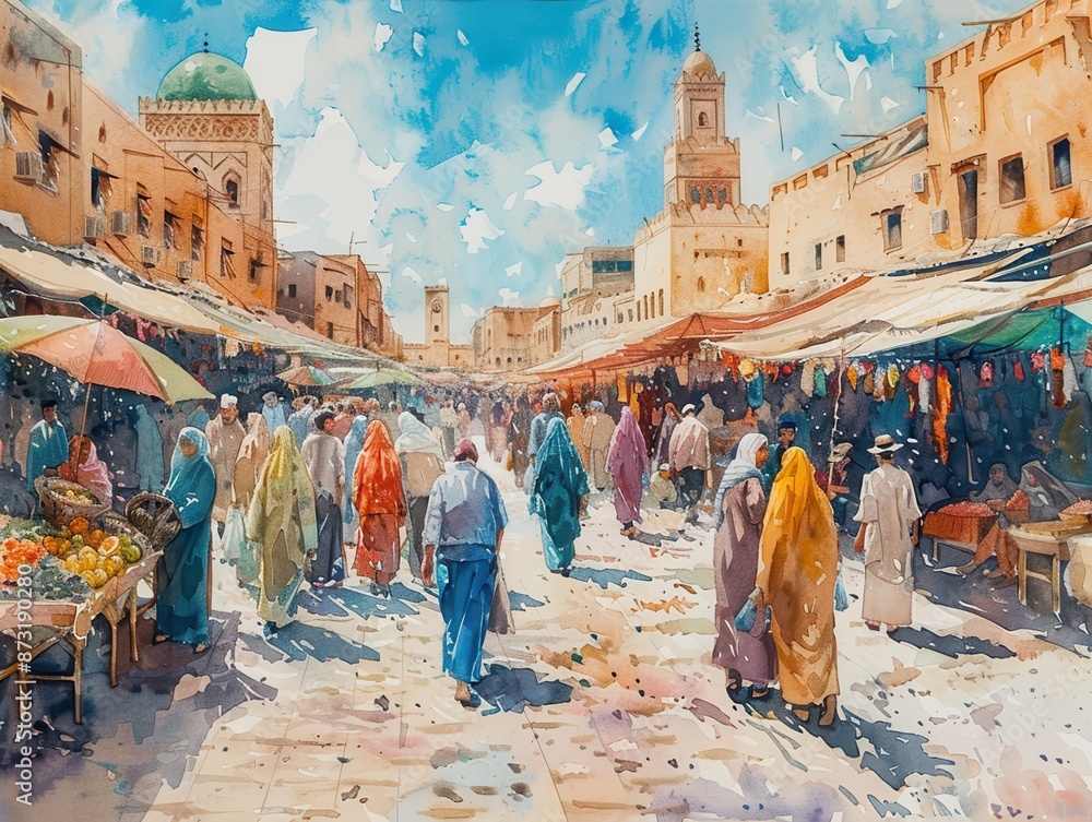 Vibrant market scene with colorful clothing and bustling crowds under a ...