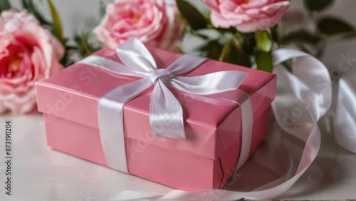 a pink gift box with a white ribbon and a flower © Tisha