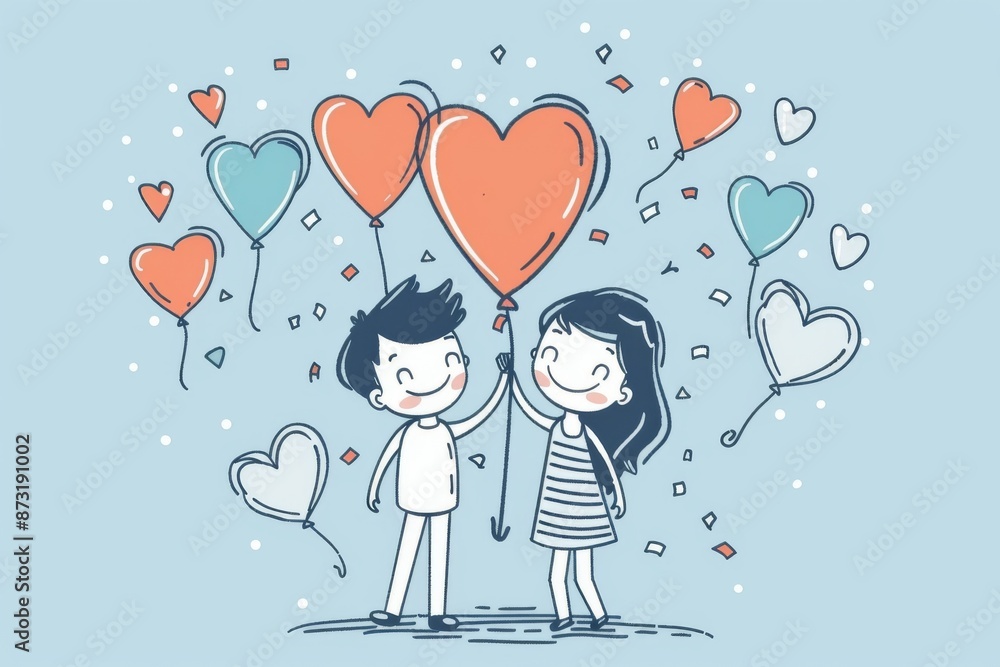 A loving couple surrounded by heart-shaped balloons and confetti, symbolizing their love and happiness. The illustration exudes warmth and playfulness, perfect for romantic occasions. A loving couple surrounded by heart-shaped balloons and confetti, symbolizing their love and happiness. The illustration exudes warmth and playfulness, perfect for romantic occasions.