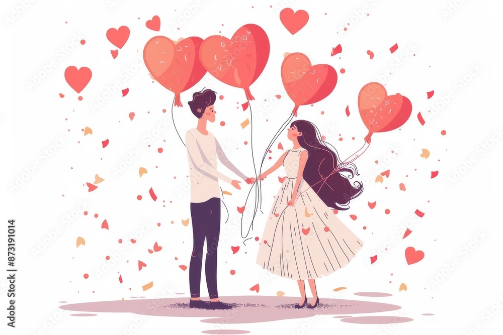 A loving couple surrounded by heart-shaped balloons and confetti, symbolizing their love and happiness. The illustration exudes warmth and playfulness, perfect for romantic occasions. A loving couple surrounded by heart-shaped balloons and confetti, symbolizing their love and happiness. The illustration exudes warmth and playfulness, perfect for romantic occasions.