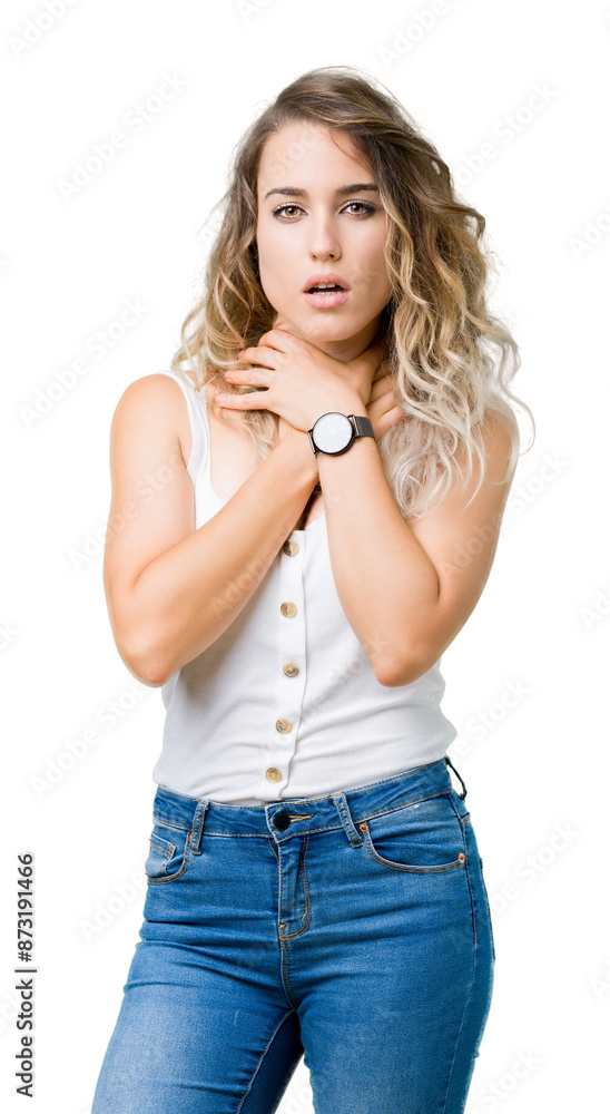 Young beautiful blonde woman over isolated background shouting and suffocate because painful strangle. Health problem. Asphyxiate and suicide concept. Young beautiful blonde woman over isolated background shouting and suffocate because painful strangle. Health problem. Asphyxiate and suicide concept.