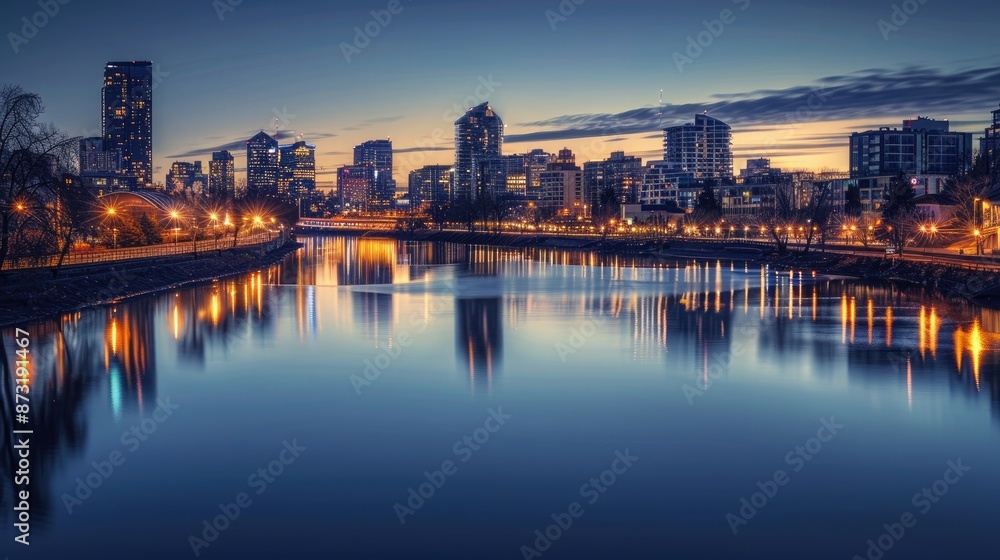 Fototapeta premium A cityscape at nightfall, with city lights reflecting on the calm surface of a river meandering through downtown.