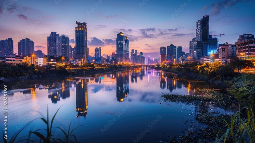 Obraz premium A cityscape at nightfall, with city lights reflecting on the calm surface of a river meandering through downtown.